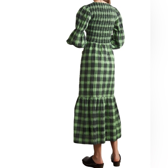 GANNI Seersucker Tiered Check Midi Dress Women in Peapod Green and Black Size 2 - Picture 15 of 16
